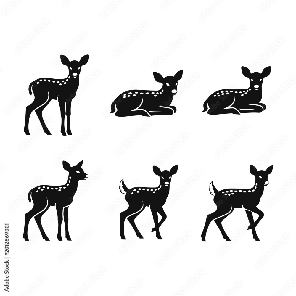 Obraz premium Fawn Silhouettes: Standing, Sitting, Walking - Wildlife Vector Icons