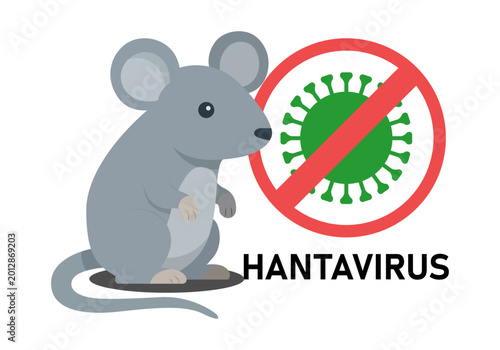 Ratón gris junto a símbolo de prohibición sobre virus verde con texto informativo de hantavirus