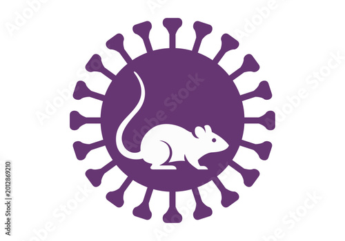 Rata gris de perfil situado frente a un círculo blanco con un hantavirus de color verde