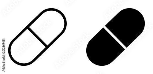 Fotografía Minimalist capsule pill icons in outline and solid styles, black medical drug ve