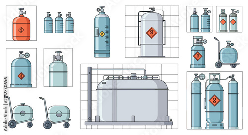 Selection of different industrial gas cylinders and storage tanks in various sizes and colors for chemical or fuel use.