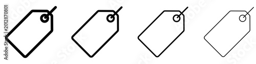 A set of price tag line icons, featured in four different stroke weights. Vector symbols for price, sale, shopping, or product labeling in retail.