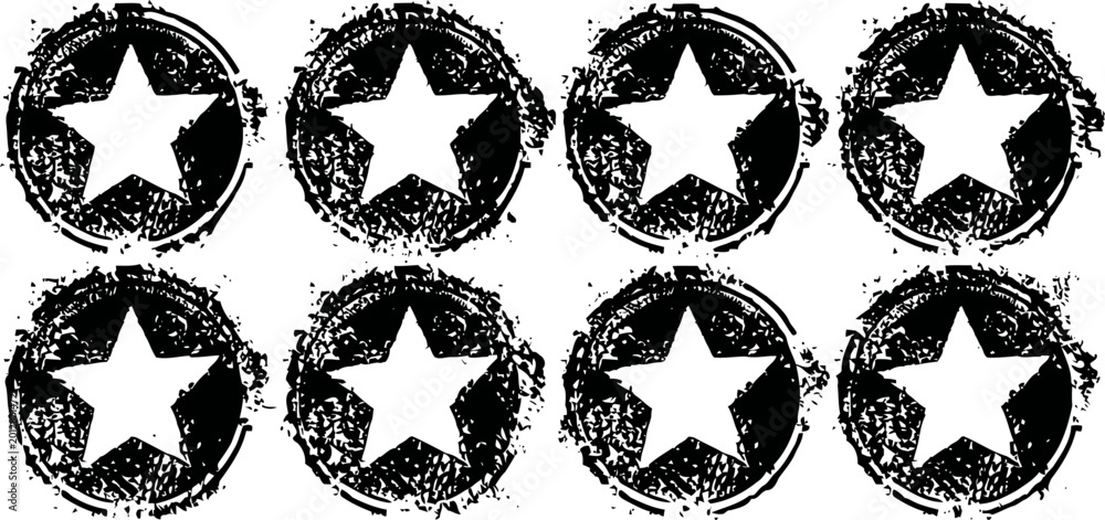 Fototapeta premium Eight black grunge star stamps in two rows on white background