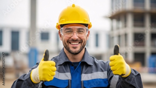 Happy male construction worker wearing yellow safety helmet and gloves giving thumbs up on construction site smiling confidently during workday