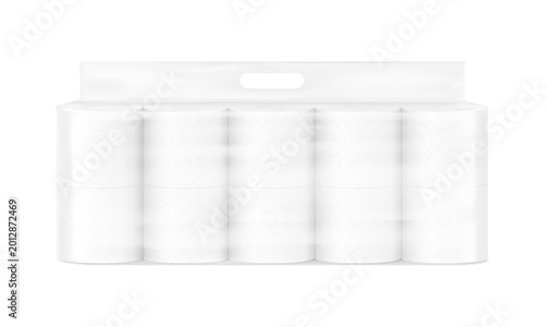 Set of toilet paper roll in transparent handle bag mockup. Vector illustration isolated on white background. Can be use for template your design, presentation, promo, ad. EPS10.