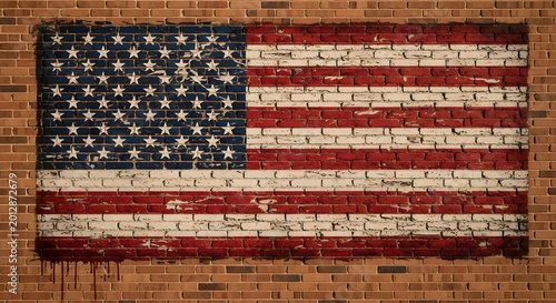 Painted american flag on brick wall distressed texture and weathered appearance high quality professional detailed modern