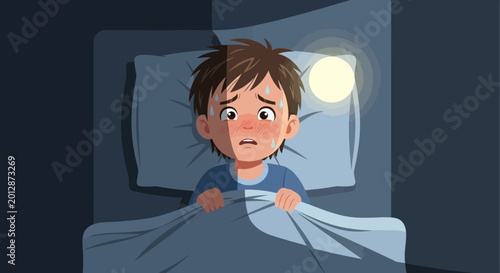 Worried Young Boy Awakening in Bed at Night Depicting Fear and Anxiety