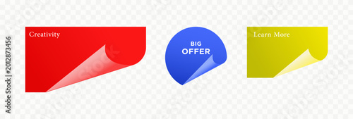 Set of three paper peel stickers with text, red, blue, and yellow