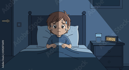 Worried Young Boy Lying Awake in Bed at Night, Suffering From Insomnia