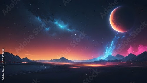 Alien planet landscape with glowing nebula and fiery moon during cosmic twilight