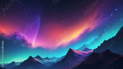 Aurora Borealis illuminating mountain peaks during twilight with vibrant cosmic clouds and celestial stars