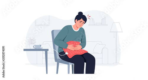 Woman Suffering From Period Pain Using Heating Pad While Sitting Indoors Illustration