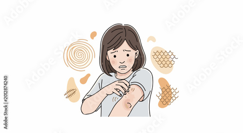 Worried person scratching irritated arm with abstract textures