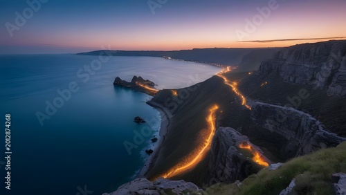 Coastal cliffs at dusk with glowing pathway along the ridge overlooking the ocean