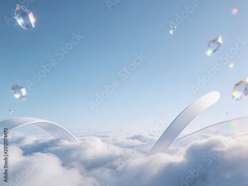 Weightlessness cloud sea suspended crystal surreal 3D background