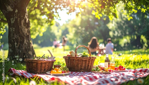 Picnic setup under a tree outdoors.