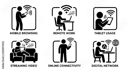 Fotografie People using wireless devices with WiFi signal vector silhouette icon set digita