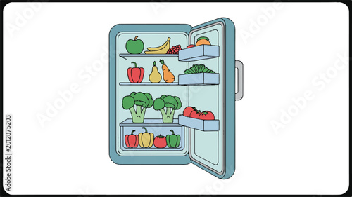 open refrigerator with various fresh fruits and vegetables inside one door ajar