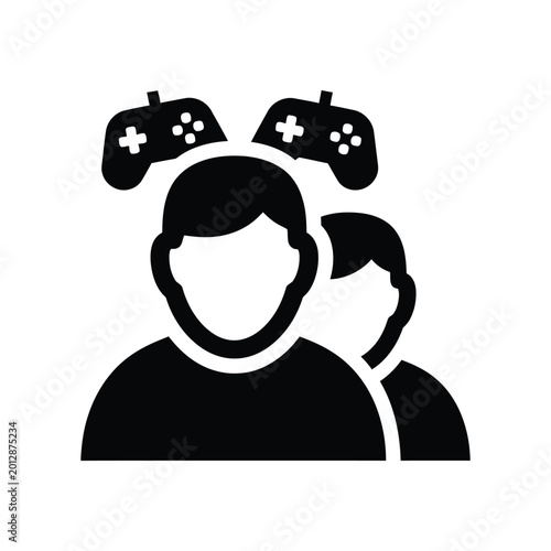 Fotografie Black and white showing two people with game controllers above their heads, a sy