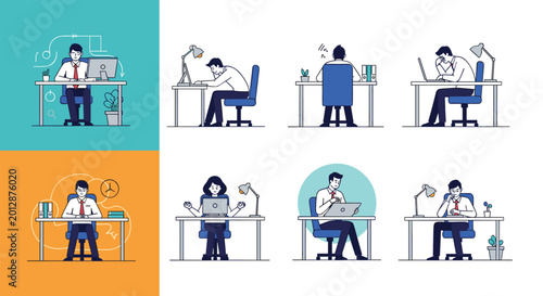 Office workers are depicted in various seated positions at their desks while working with computers and laptops.