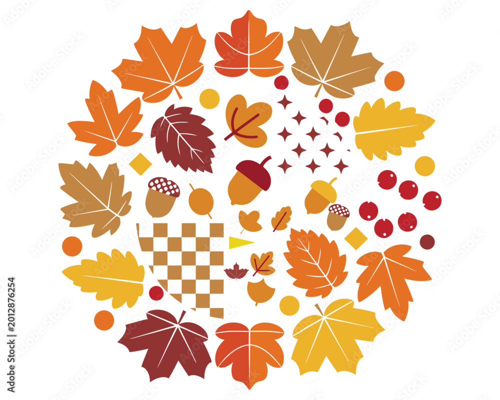 Fototapeta premium Autumn leaves, fall icons, colorful vector set, seasonal graphics