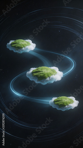 Deep space orbit floating island surreal 3D background