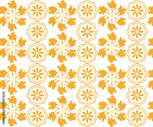 Obraz na plátně A bright and cheerful abstract seamless pattern featuring stylized orange floral motifs with white centers and delicate leaf accents on a clean white background