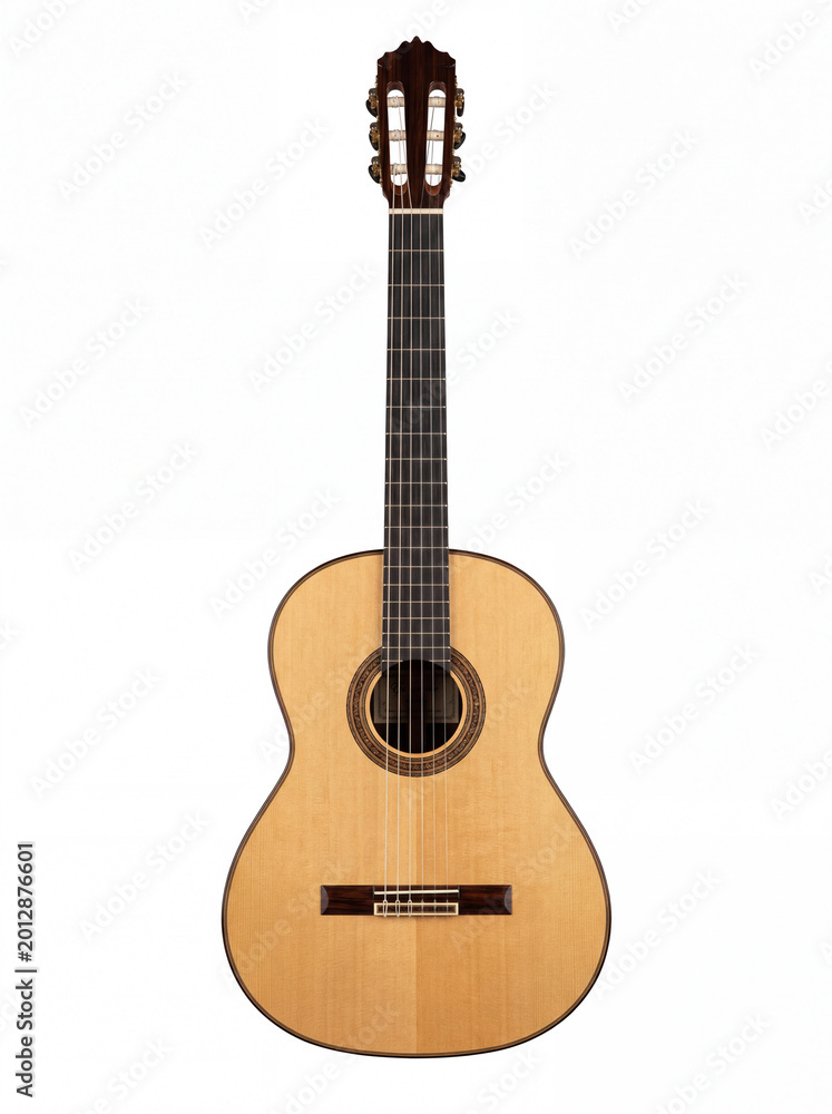 Obraz premium Classical acoustic guitar with nylon strings isolated on white background, musical instrument front view 