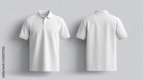 Blank white polo shirt front and back view isolated on white background