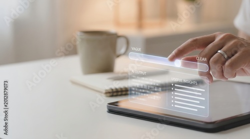 AI productivity gap - A human hand adjusts a slider from vague to clear, enhancing AI prompt clarity and improving artificial intelligence output usefulness.