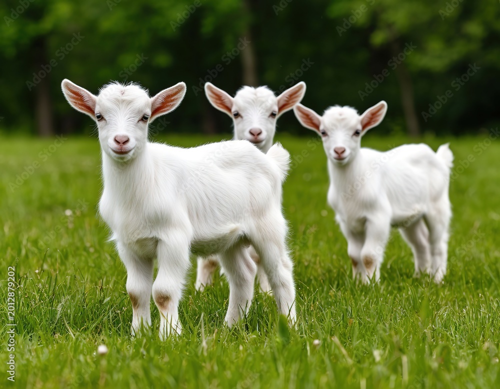 Fototapeta premium cute little goats on a green lawn.
