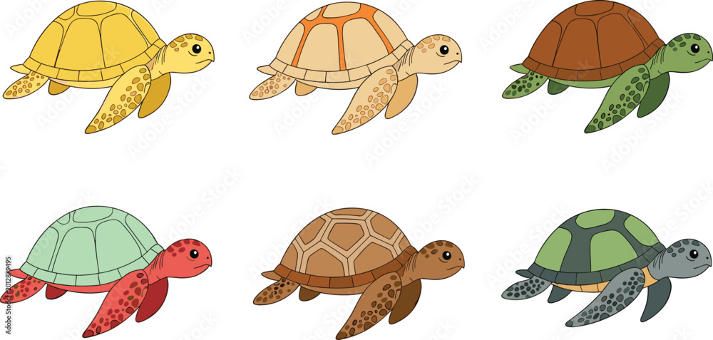 Fototapeta premium Adorable Colorful Cartoon Turtles in Various Patterns and Poses for Kids and Animal Lovers