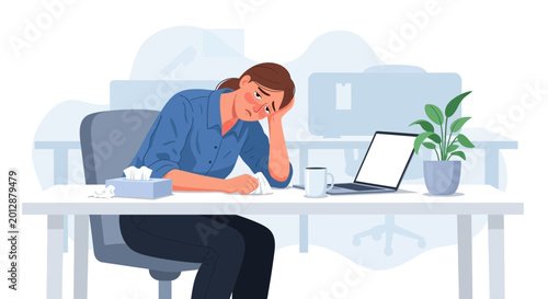 Woman Suffering From Illness at Work, Depicting the Experience of Fatigue, and Fever