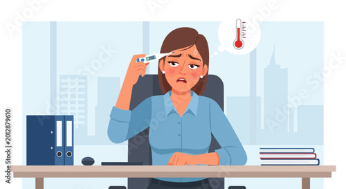 Woman Suffering From Illness Checks Temperature With Thermometer At Desk In Office
