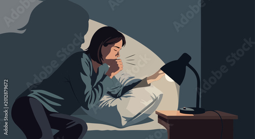 Woman Suffering From Illness Coughing Next To a Bedside Lamp at Night