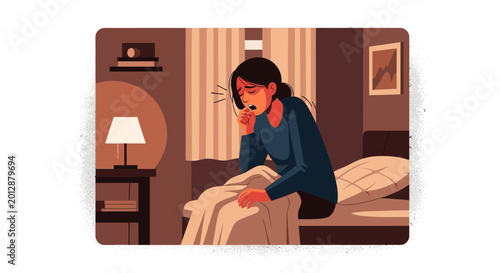 Woman Suffering From Illness Coughs While Resting In Her Bedroom At Night