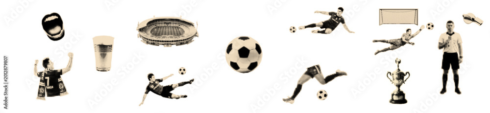 Fototapeta premium Football championship halftone cut outs. Soccer halftone collage elements.