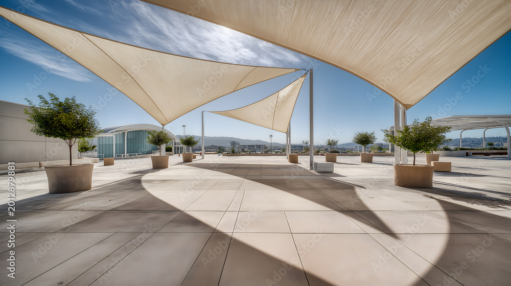 Fototapeta premium Modern Rooftop Terrace with Shade Sails and Minimal Architectural Design