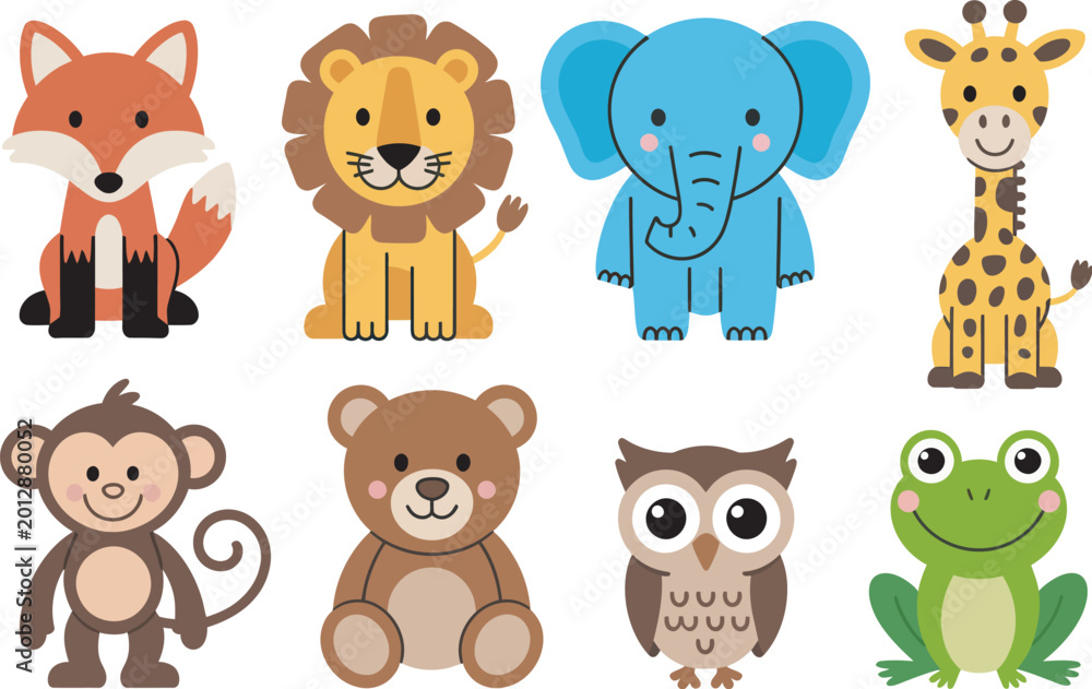 Obraz premium Set, of cartoon animals icon collection featuring cute and colorful jungle animals including fox lion elephant giraffe monkey bear owl and frog ideal for kids projects educational materials 