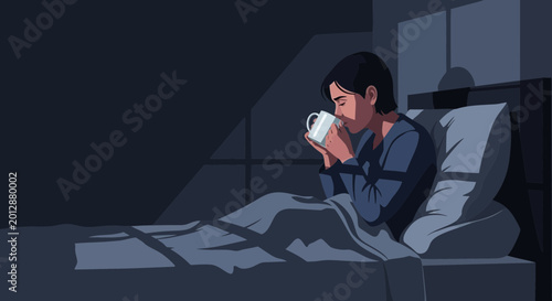 Woman Sipping Hot Beverage in Bed at Night Represents Contemplation and Relaxation