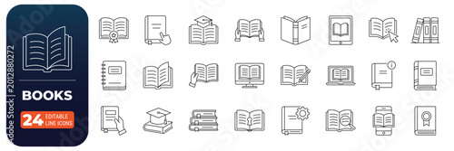 Fotografie Books line icon set, Editable stroke linear icons for education, library, readin