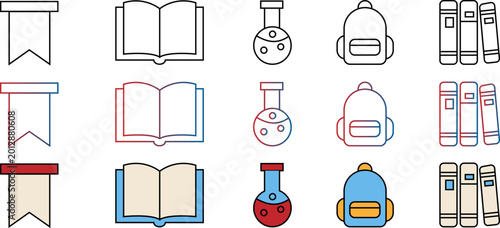 School supplies icons including bookmark open book chemical flask backpack and stacked library books.