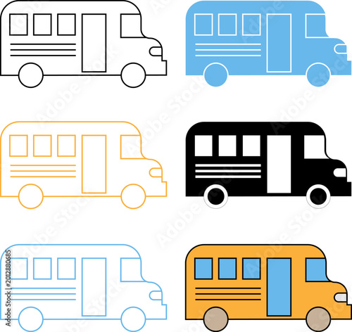 School bus vector collection featuring various styles including outline silhouette and colorful flat.