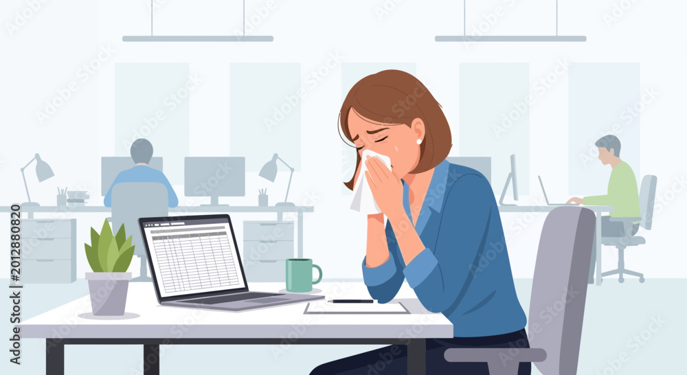 Naklejka premium Woman Suffering From a Cold at Work, Feeling Unwell and Using a Tissue