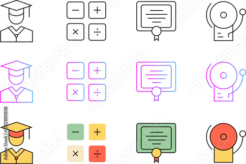 Graduation student icon set with math symbols diploma certificate and classic school alarm bell ring.