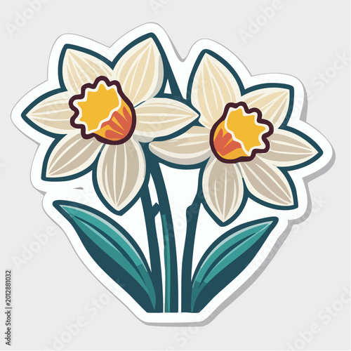 Stylized illustration of two white daffodils with yellow centers