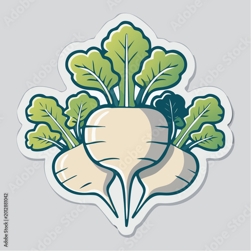 Stylized Illustration of Three White Turnips with Green Leaves