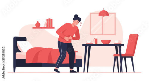 Woman Suffering From Abdominal Pain in Domestic Scene, In Distress, Touching Stomach