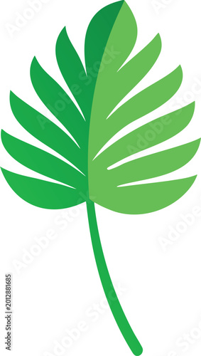 A simple illustration of a green monstera leaf with two tones of green and a stem.