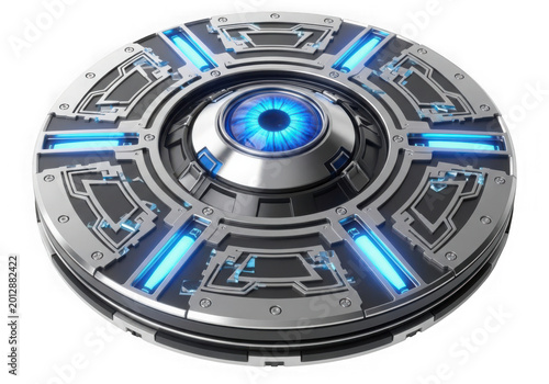 Futuristic circular device with glowing blue lights and intricate design